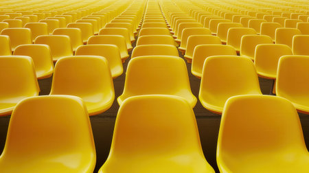 Bright yellow plastic seats arranged in perfectly aligned rows, creating a striking symmetrical pattern. The vibrant color and repetition give the image a modern and minimalistic feel.の素材