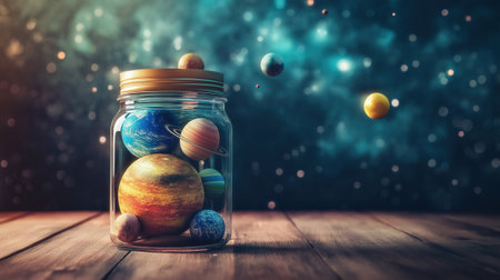 Planets from the solar system are placed in a glass jar on a wooden table, while other planets float in the background surrounded by stars and a glowing galaxy.の素材