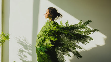 A serene figure adorned in a flowing fern outfit captures the essence of nature. Soft light illuminates the scene, creating a tranquil and captivating atmosphere.の素材
