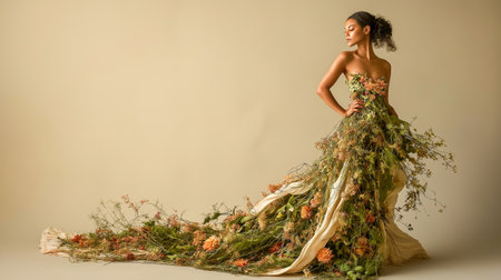 Experience the stunning fusion of nature and elegance in this floral gown, embodying organic beauty and innovative design through vibrant blooms and delicate foliage.の素材