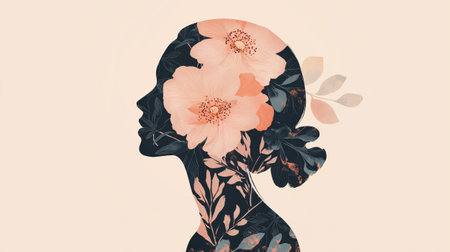A minimalistic floral illustration inside the silhouette of a woman, featuring delicate flowers and leaves in soft, muted colorsの素材