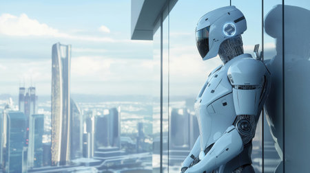 A futuristic humanoid robot in sleek white armor standing on a balcony, looking over a modern cityscape with high-rise buildings and clear skies.の素材
