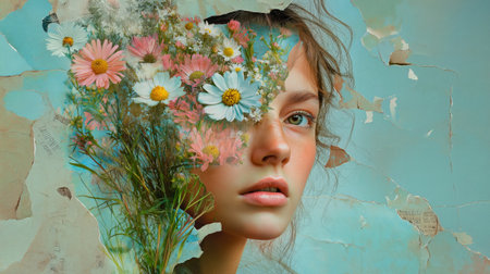 Artistic portrait with flowers and cracked texture, blending organic elements with a surreal background.の素材