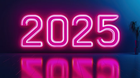 A vibrant neon display of the year 2025, perfect for festive occasions or inspiring future visions. This captivating light installation enhances any space.の素材