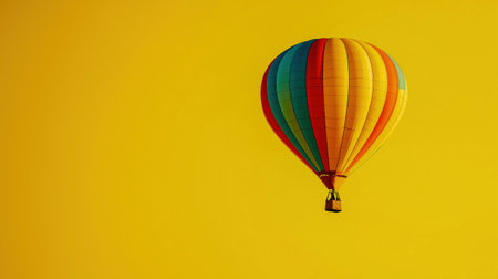 A stunning hot air balloon with colorful stripes soars gracefully against a bright yellow background, capturing the joy of flight and endless skies.の素材