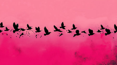 A striking image of silhouetted birds in flight against a soft pink gradient background, evoking feelings of freedom and tranquility.の素材