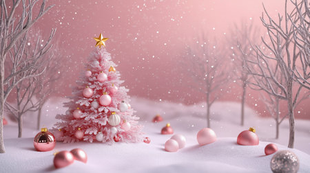 Discover a magical pink Christmas scene featuring a beautifully decorated tree and snowy landscape, perfect for holiday cheer and festive decor inspiration.の素材