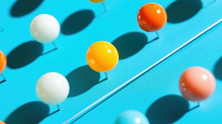 A captivating arrangement of colorful billiard balls casting shadows on a bright blue background, showcasing playful aesthetics and vibrant hues.の素材