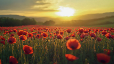 Experience the tranquility of a vibrant poppy field at sunset. The warm hues of the sky illuminate the blossoms, creating a breathtaking natural spectacle.の素材