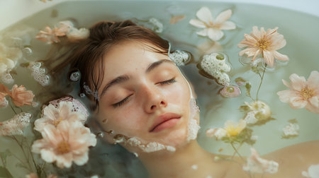 Experience tranquility as a young woman relaxes in a floral infused bath. This serene scene captures beauty and calm, perfect for promoting self care and relaxation.の素材
