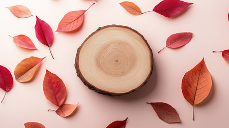 A serene composition of colorful autumn leaves in shades of red and orange, framing a natural wooden log slice placed on a soft pink background.の素材