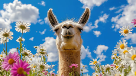A cheerful llama stands amidst colorful flowers under a bright blue sky showcasing natures beauty and the joy of wildlife. Perfect for animal loversの素材