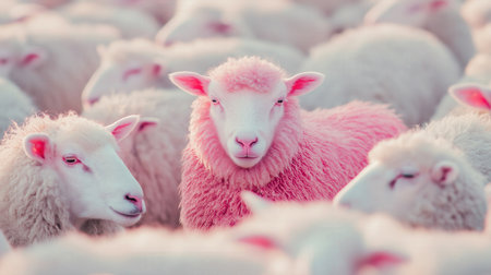 This captivating image features a striking pink sheep standing out among a group of fluffy white sheep symbolizing individuality and creativity in nature.の素材