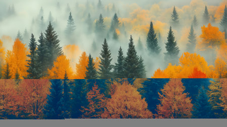 Experience the beauty of autumn in a misty forest where vibrant orange and lush green trees create a stunning contrast and a serene atmosphere.の素材