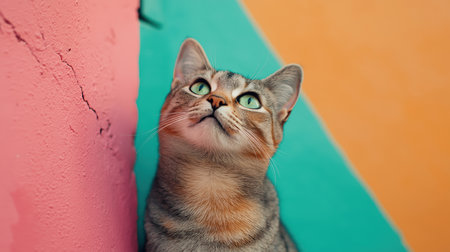 This adorable cat gazes upward its bright green eyes full of curiosity complemented by a vibrant background of pink and teal colors.の素材