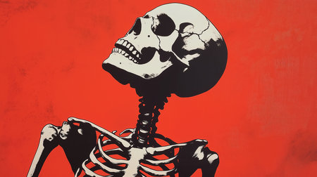 This striking artwork features a detailed skeleton against a vibrant red backdrop creating a captivating visual contrast that intrigues and inspires.の素材