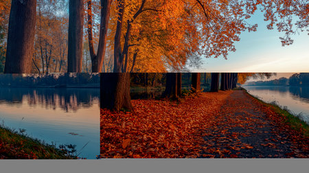 Experience the tranquility of an autumn evening stroll along the river. Vibrant leaves and soft reflections create a picturesque landscape in nature.の素材