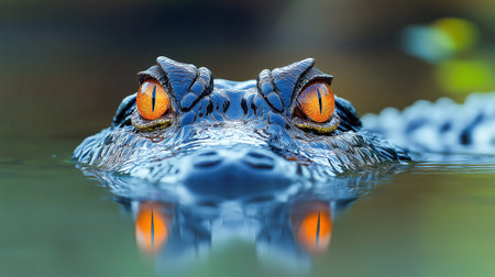Experience the striking beauty of a crocodiles intense gaze while it swims. This close up shot captures the intricate details and vibrant colors in the water.の素材