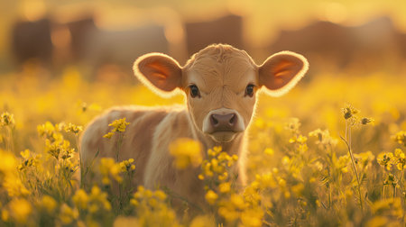 A charming young calf stands amidst vibrant yellow flowers basking in the warm sunlight embodying the serene beauty of rural life and natures tranquility.の素材