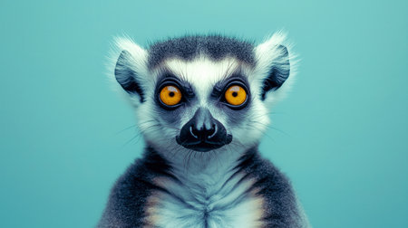 Discover the captivating gaze of a lemur with striking yellow eyes against a soothing blue background showcasing natures beauty and unique wildlife.の素材
