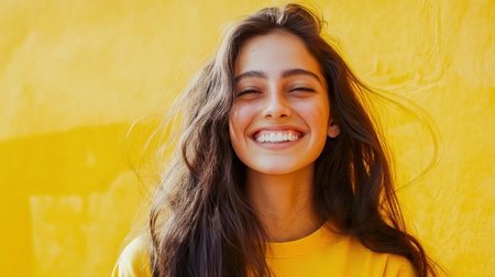 A radiant young woman beams with joy showcasing her bright smile against a cheerful yellow wall. Capturing the essence of happiness and positivity in life.の素材