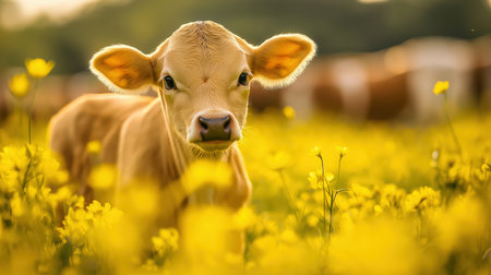 A charming calf stands amidst vibrant yellow flowers creating a picturesque pastoral scene. This image captures the essence of nature and rural life.の素材