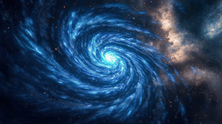 Explore the vibrant beauty of a spiral galaxy swirling in shades of blue and illuminated by countless stars. A captivating view of the universe awaits.の素材