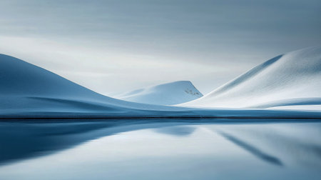 A tranquil winter scene showcasing soft snow covered hills reflected in a still lake. The muted colors evoke a sense of peace and solitude in nature.の素材