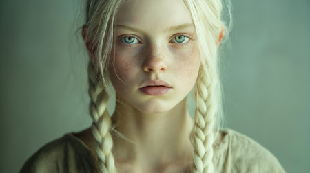 A captivating portrait showcasing a young girl with blonde braids and striking blue eyes radiating innocence and a sense of wonder.の素材
