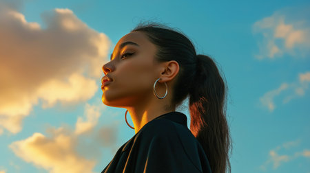 A stunning silhouette of a young woman elegantly poised against a colorful sunset backdrop. Her profile captures a moment of beauty and tranquility.の素材