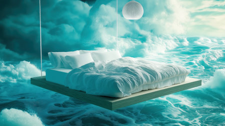 Experience a surreal escape with a floating bed suspended above crashing ocean waves blending tranquility and adventure for a unique dreamlike setting.の素材