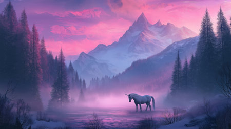 Discover a breathtaking scene featuring a solitary unicorn by a tranquil lake surrounded by majestic mountains and a mystical twilight sky.の素材