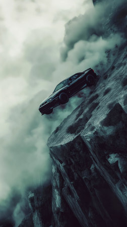 A striking image of a black car soaring off a cliff surrounded by swirling clouds. This scene captures the thrill and danger of fearless driving.の素材