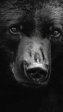 A close up black and white portrait of a bear capturing its piercing gaze and detailed features. The image evokes a sense of power and wild beauty.の素材