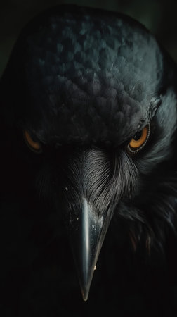 A striking close up of a black bird featuring piercing golden eyes and intricate feather details. Captivating and mysterious this image highlights the birds beauty.の素材