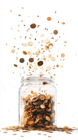 A captivating image of a glass jar brimming with coins with more coins in the air above This visual evokes themes of wealth savings prosperity and abundanceの素材