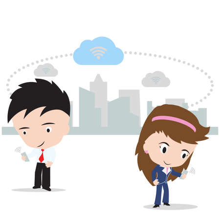 business man and woman working on cloud computing concept with internet security isolated on white background, vector illustrationのイラスト素材