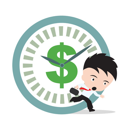 Businessman running, hurry up for working with dollar sign and clock rush hour, on white backgroundのイラスト素材