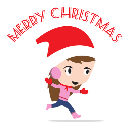 Merry Christmas New Year with smiling girl in vector, Winter holiday theme white backgroundのイラスト素材
