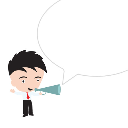 Businessman happy smile and holding to shout in megaphone on white backgroundのイラスト素材