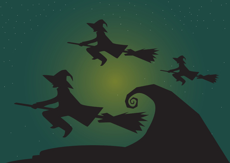 group of witch flying with moon at night, halloween background theme in Vectorのイラスト素材