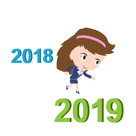 Happy business woman running from 2018 to 2019, new year success concept, vectorのイラスト素材