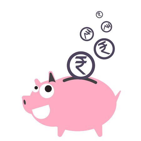 Piggy bank money happy, currency Rupee symbol coin falling for saving concept in vectorのイラスト素材