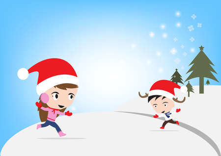 Merry Christmas New Year with smiling boy and girl in vector, Winter holiday theme blue backgroundのイラスト素材