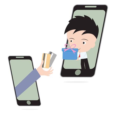 business hand, give credit card and businessman delivery gift or goods via mobile system, e-commerce shopping online conceptのイラスト素材