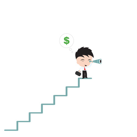 Businessman stand at stair and looking for money dollar sign with telescope or binocularsのイラスト素材