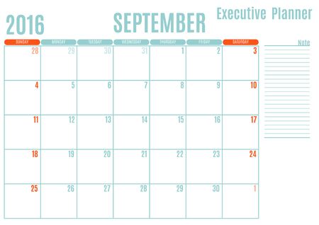 Executive Planning calendar new year on white background, September 2016, Week start Sunday, vector illustrationのイラスト素材