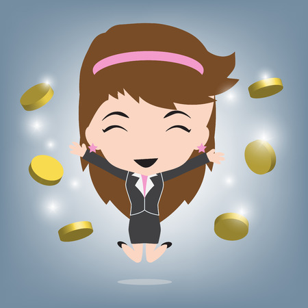 business woman happy and coins or money income, Business concept illustration vector in flat designのイラスト素材
