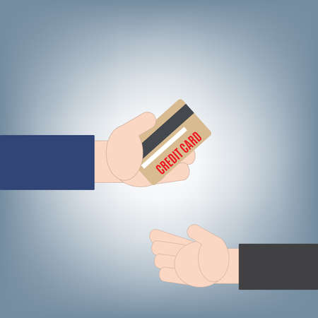 Hand giving or holding credit card money to another hand, financial loan concept, illustration vector in flat designのイラスト素材