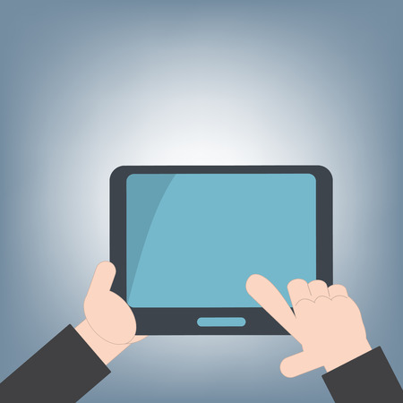 tablet in hand for web and mobile applications, mobile technology background concept, illustration vector in flat designのイラスト素材